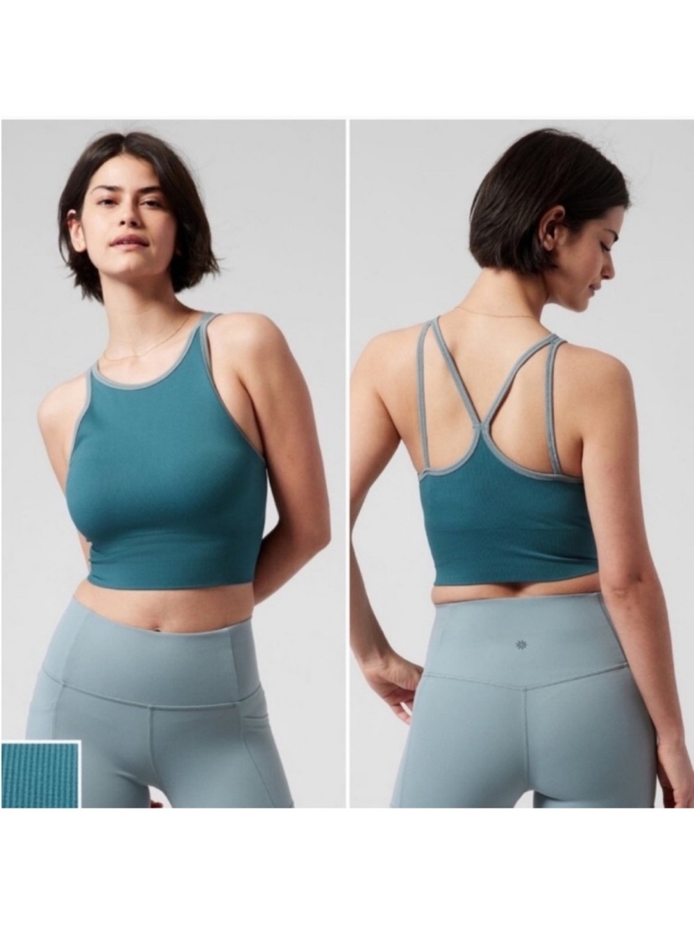 Woman’s Athleta Aurora High Neck Teal Crop Tank with Light Gray Trim Size XS